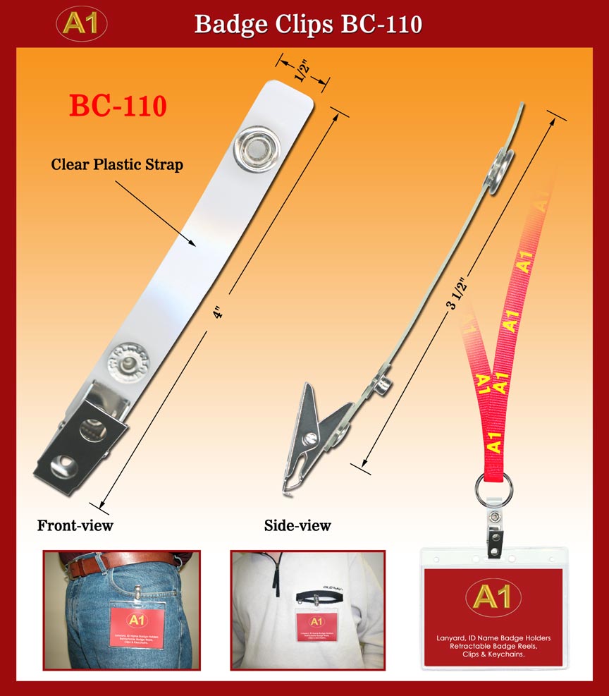 BC-110 Clear Plastic Badge Straps with Badge Clips and Snap Buttons