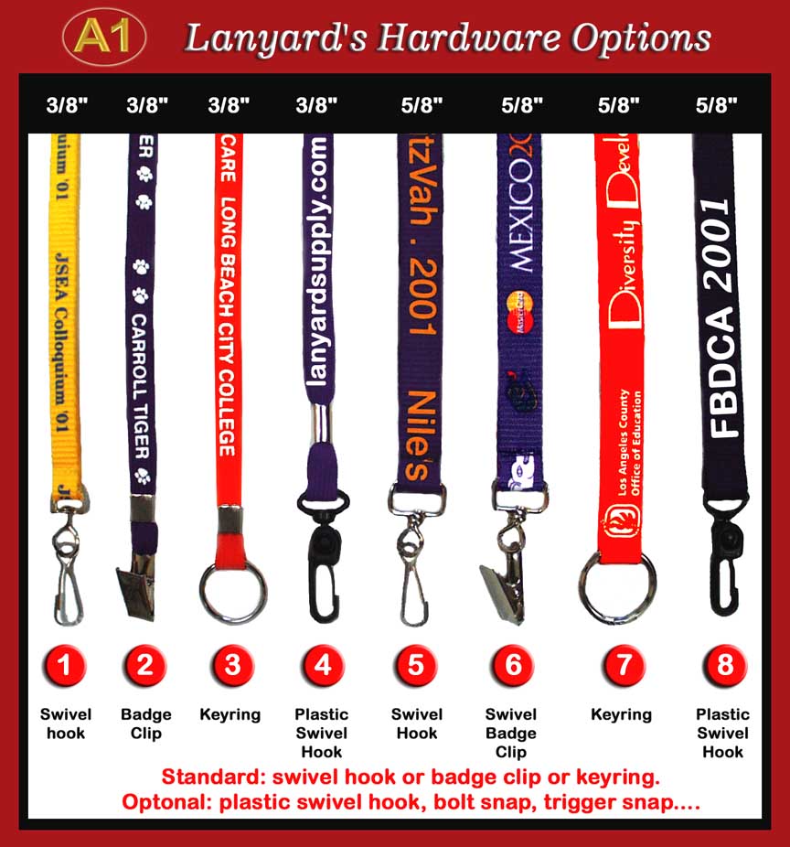 Lanyard Hardware Options: Swivel hooks, Keyrings, key chains, Alligator clip Bulldog
clip.
