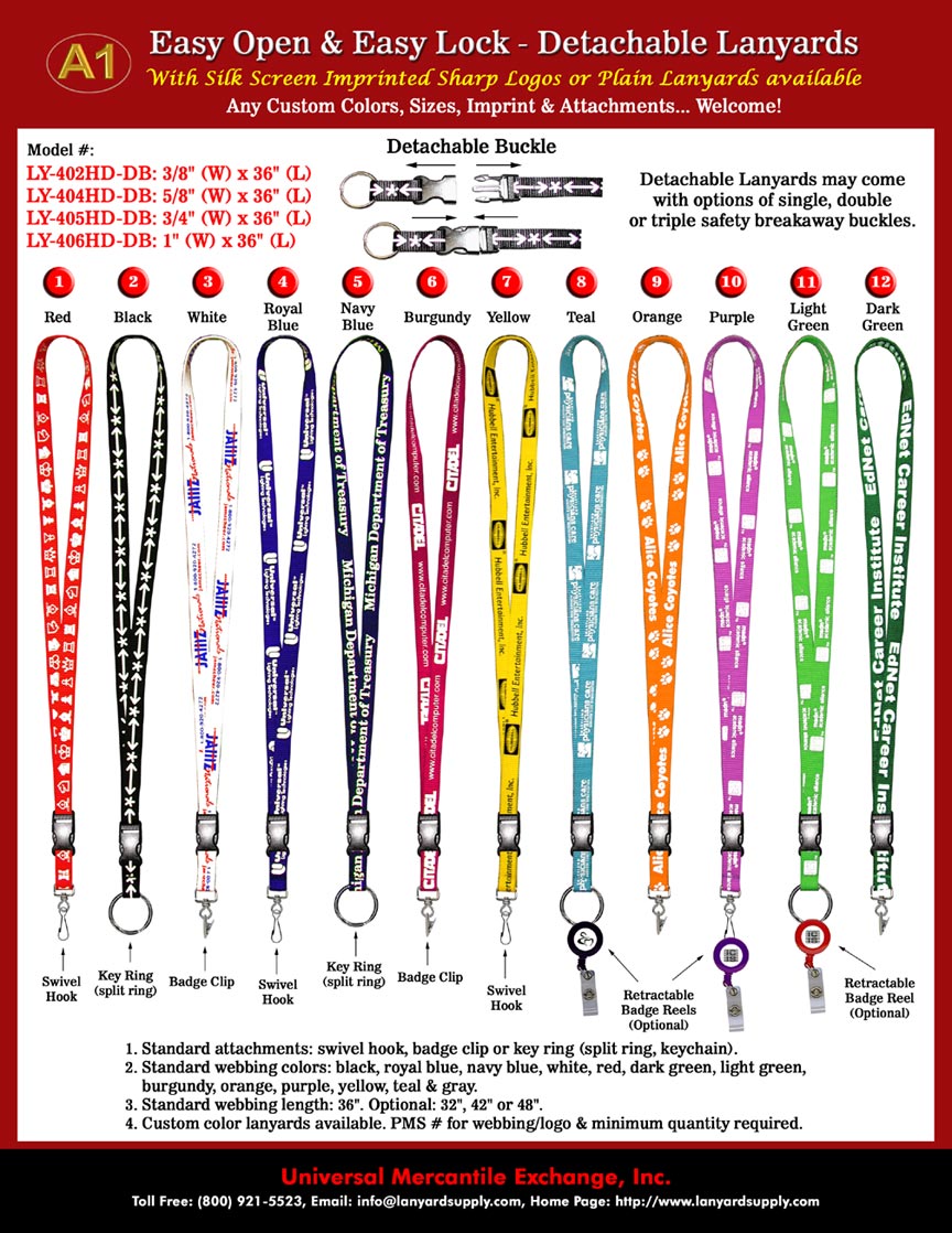 3/8", 5/8", 3/4" & 1"  Heavy Duty Detachable Custom Neck Lanyards with Option of Safety Breakaway Buckles