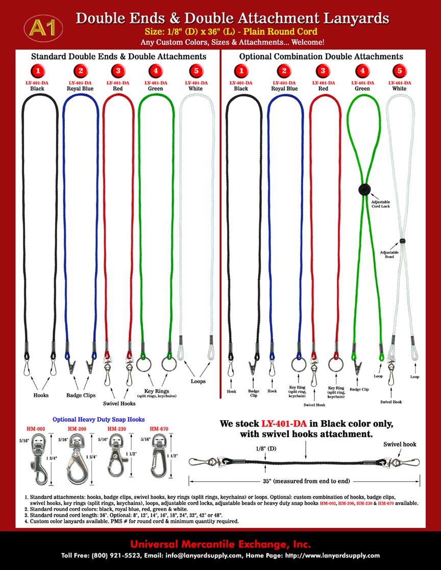 Custom Neck Lanyards: 1/8" LY-401 Double Ends with Double Attachments Lanyards.