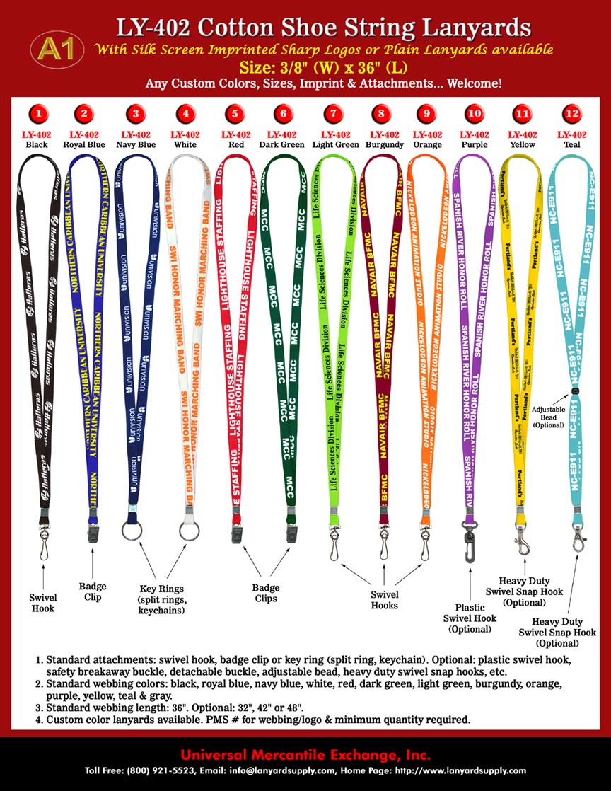 Cotton shoe String style school lanyards - custom ID badge neck lanyard with silk screen logo imprinted.