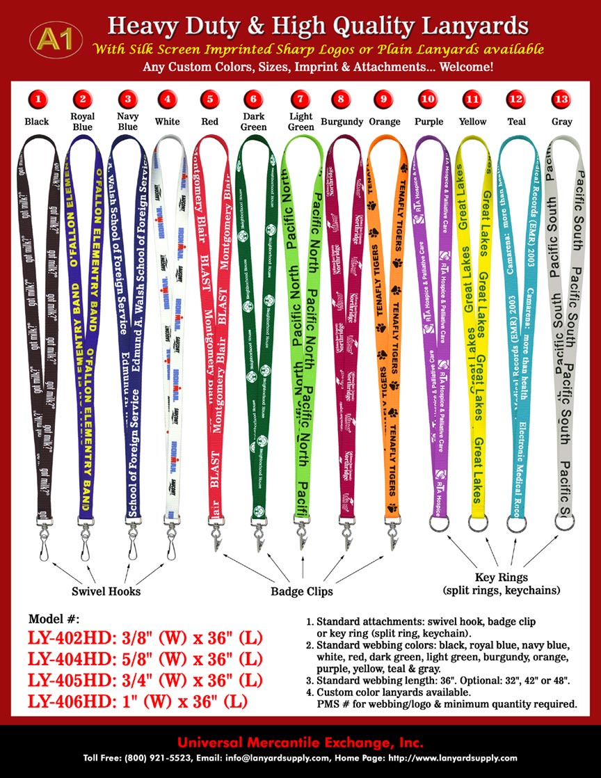 3/8", 5/8", 3/4" & 1"  Heavy Duty Neck Lanyard - Custom Lanyards with Silk Screen Printed Logos