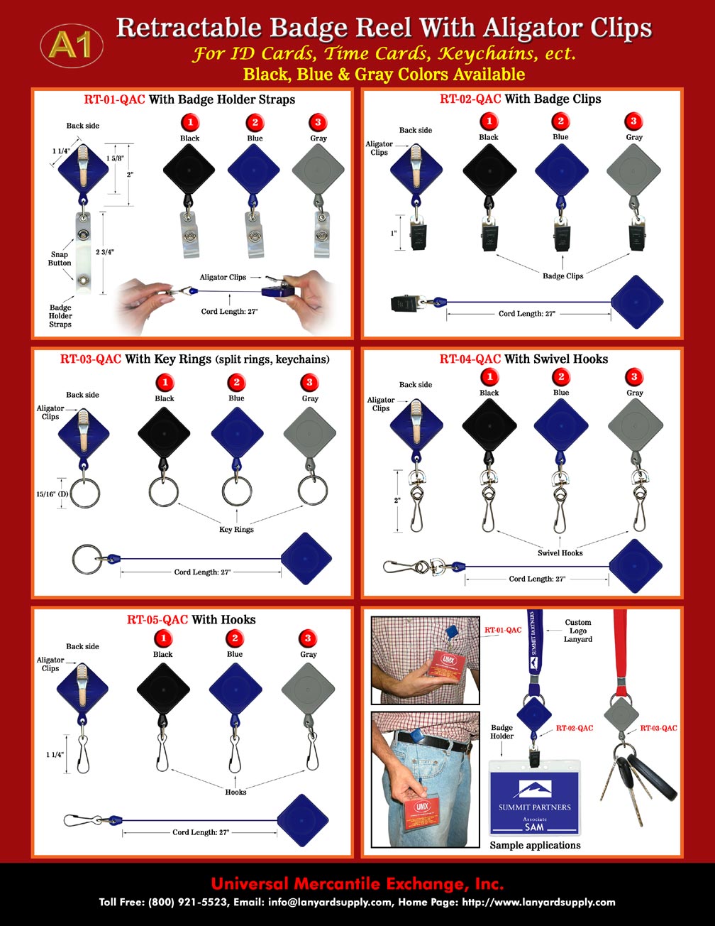 Retractable badge holders, retractable badge reels, retractable keychains, retractable badge clips, retractable key chains, retractable key rings, key holders, retractable swivel hooks, retractable hooks, with plastic badge straps and alligator clips