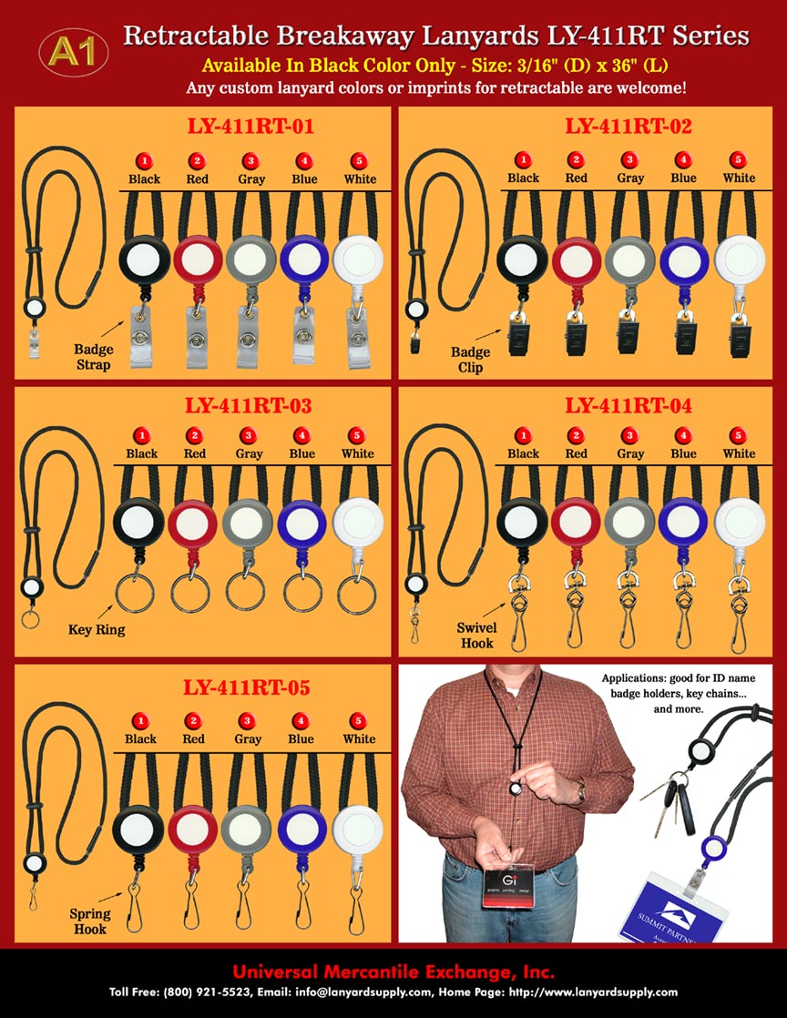 Retractable Safety ID Lanyards with Retractable ID Holders, Badge Clips, Key Chains, Swivel Hooks or Spring Hooks